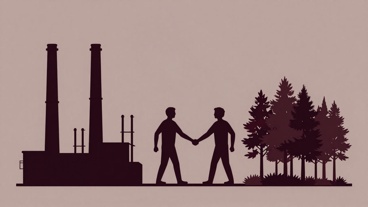 工場排気と森林の木々が手を取り合う矛盾に満ちた光景