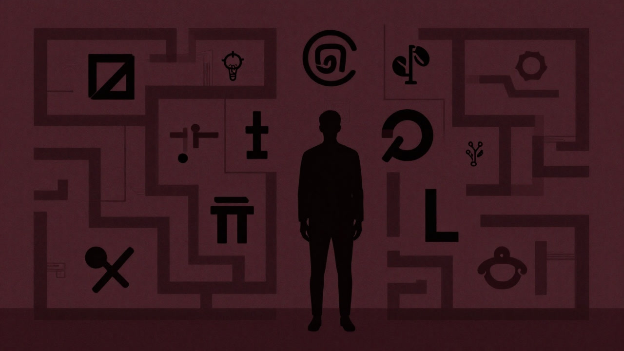 シルエットの人が巨大な記号に囲まれ、戸惑った顔をしているイラスト