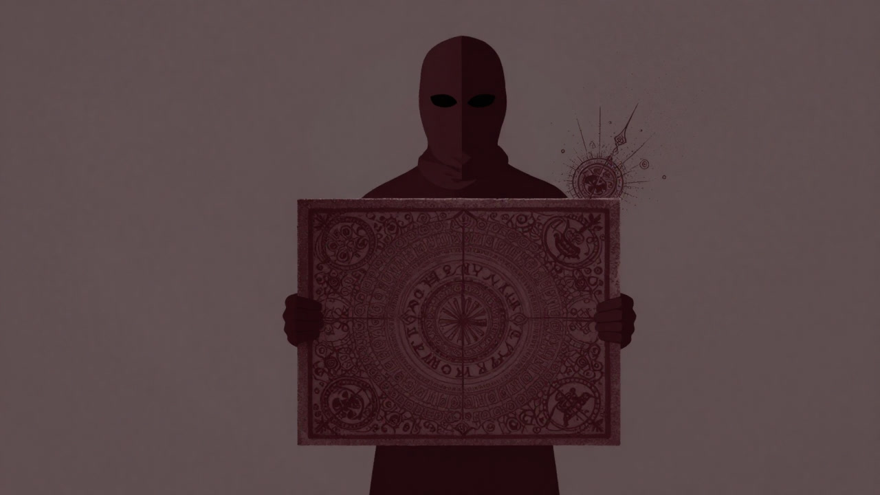 A masked figure holding a blank canvas with intricate patterns emerging, symbolizing empty symbolism.