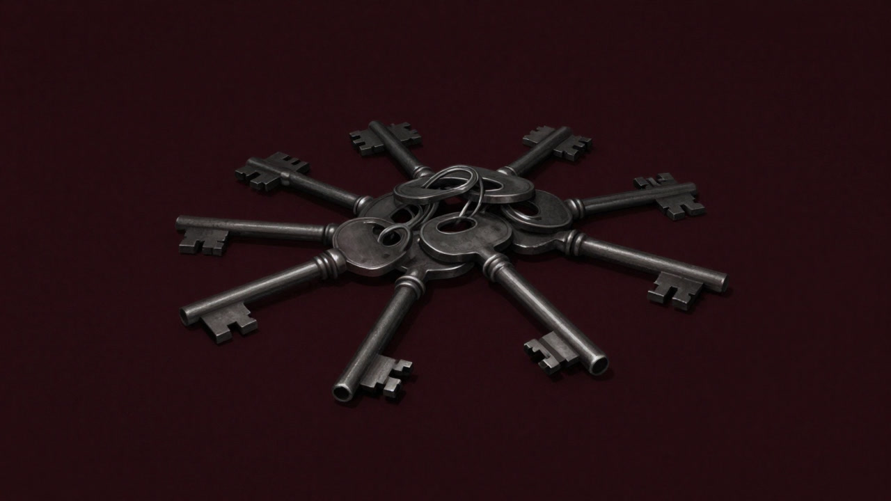 古びた鍵束が無造作に積まれた机の上に散らばり、不安げに輝く共通鍵のイメージ