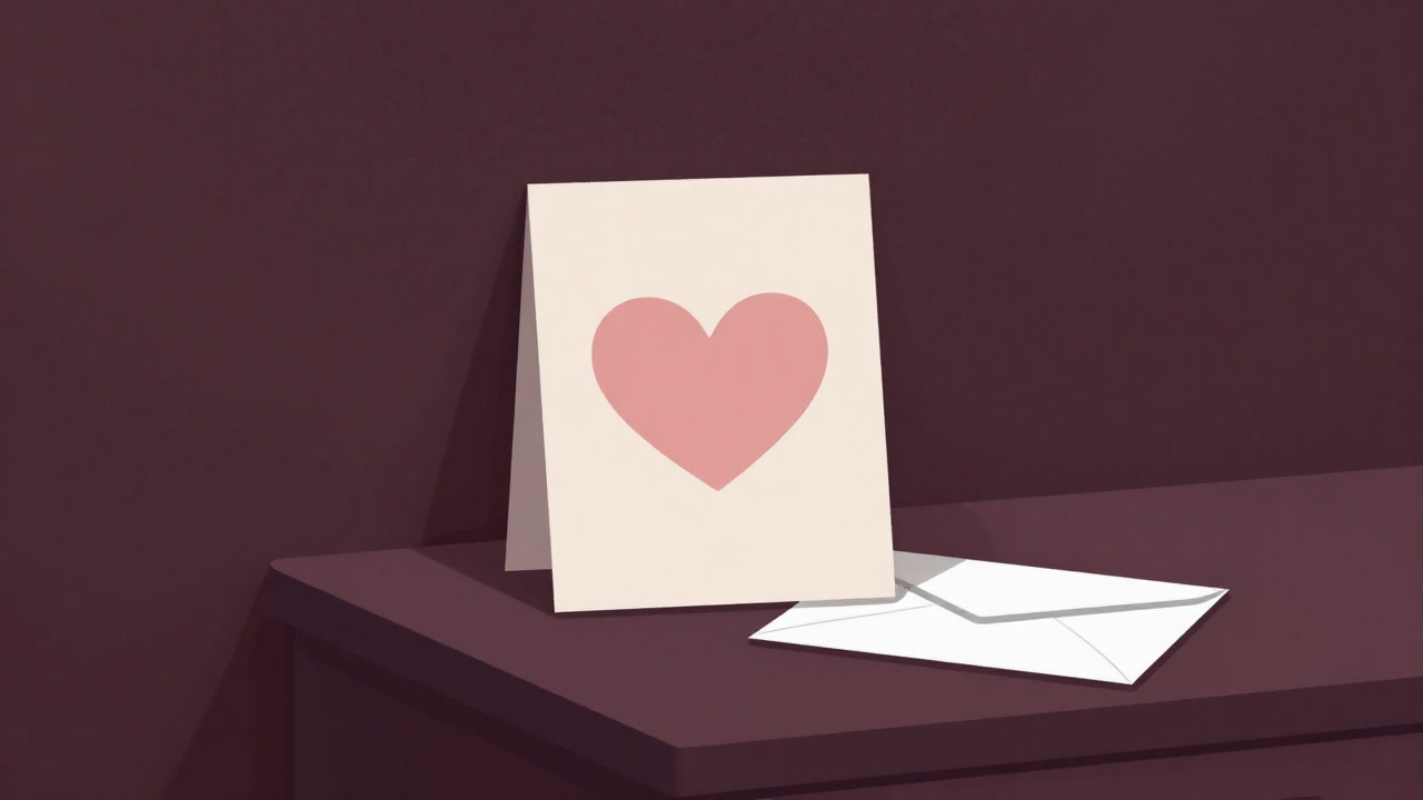 ベッドサイドのテーブルに置かれた、淡いパステル調のカードと封筒の写真