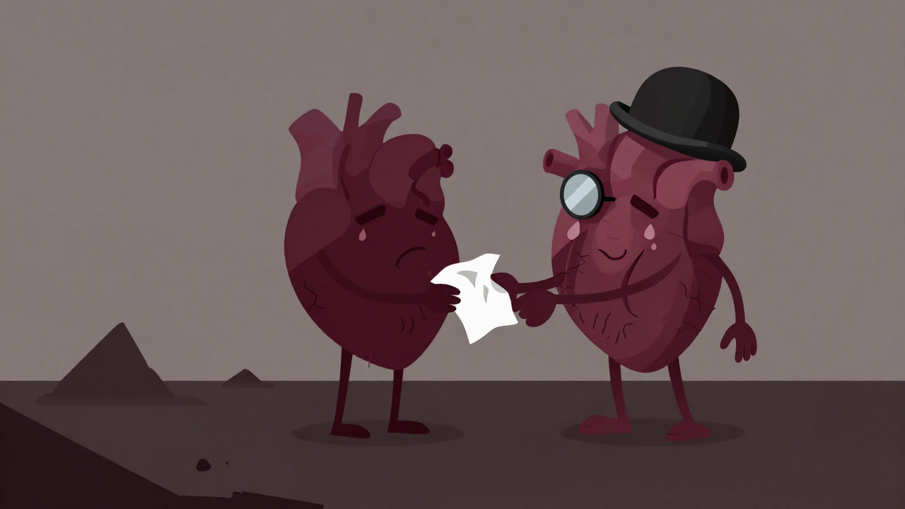 An illustration of a heart offering tissues to a disaster victim with a smug smile.