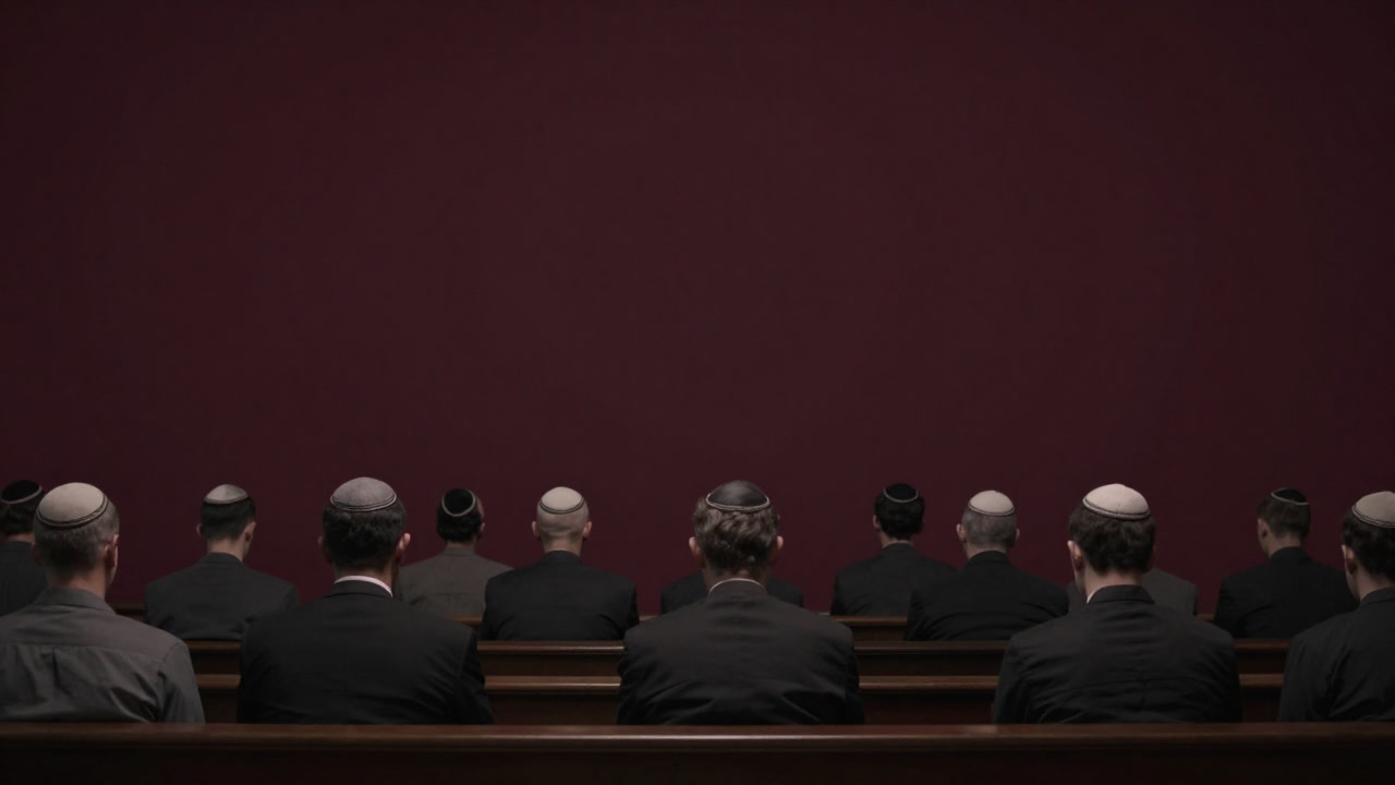 Worshippers covering their heads, offering prayers in an aged synagogue interior.