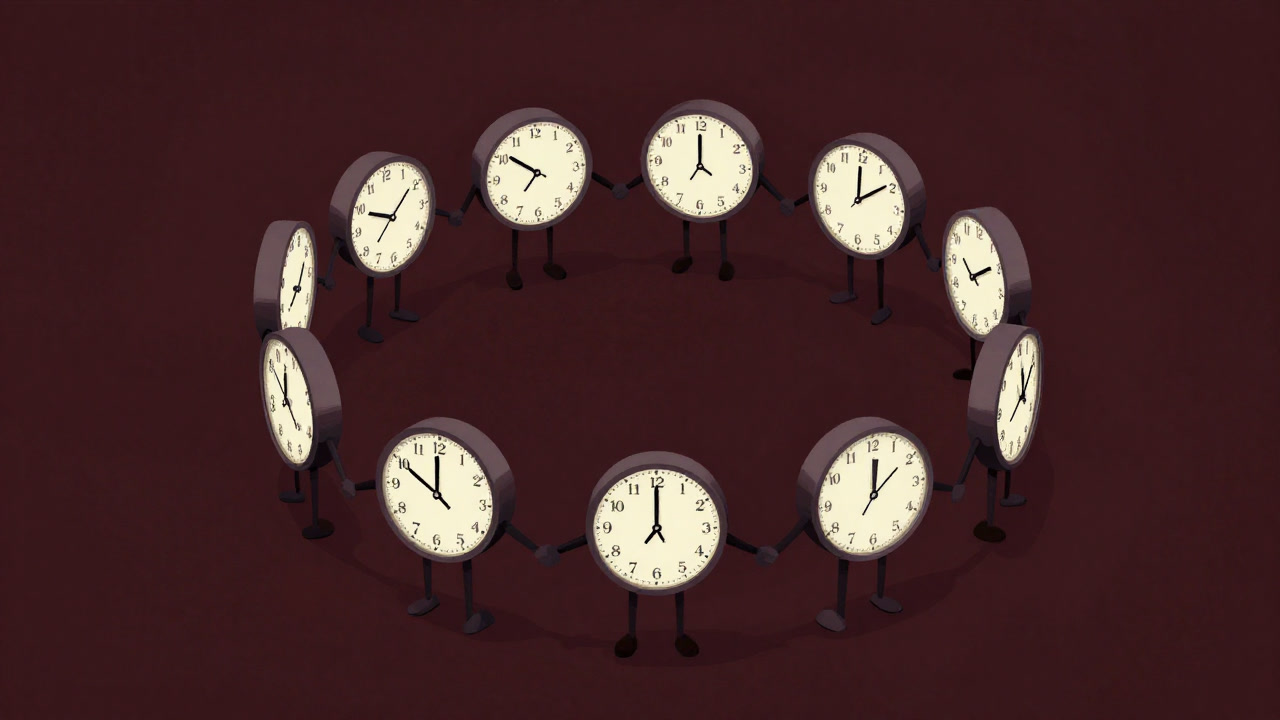 Illustration of different clocks holding hands yet each showing slightly different times, looking out of sync.