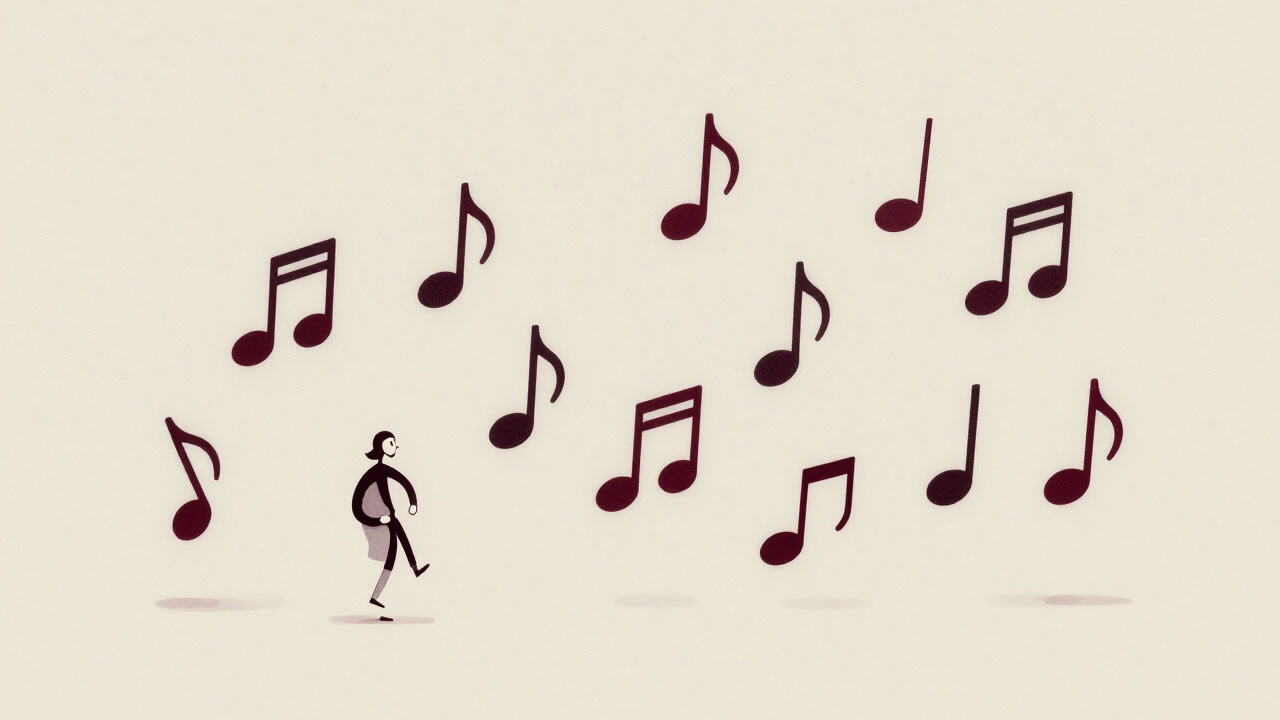 An image of a swarm of musical notes jumping irregularly, confusing the viewer.