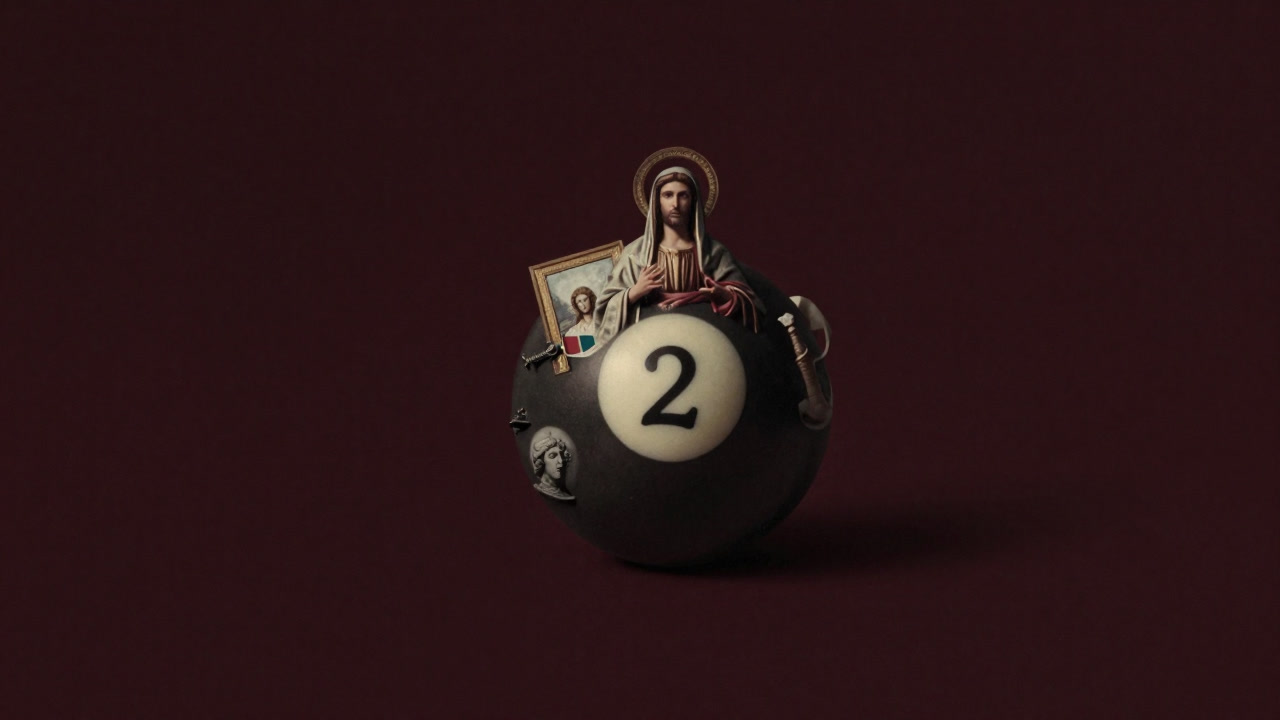 A bizarre collage of symbols from various religions and philosophies blending together like billiard balls.