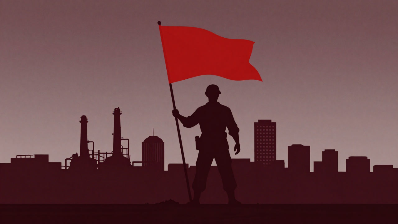 赤い旗を手にする労働者のシルエットが、産業都市を背景に力強く立つイラスト