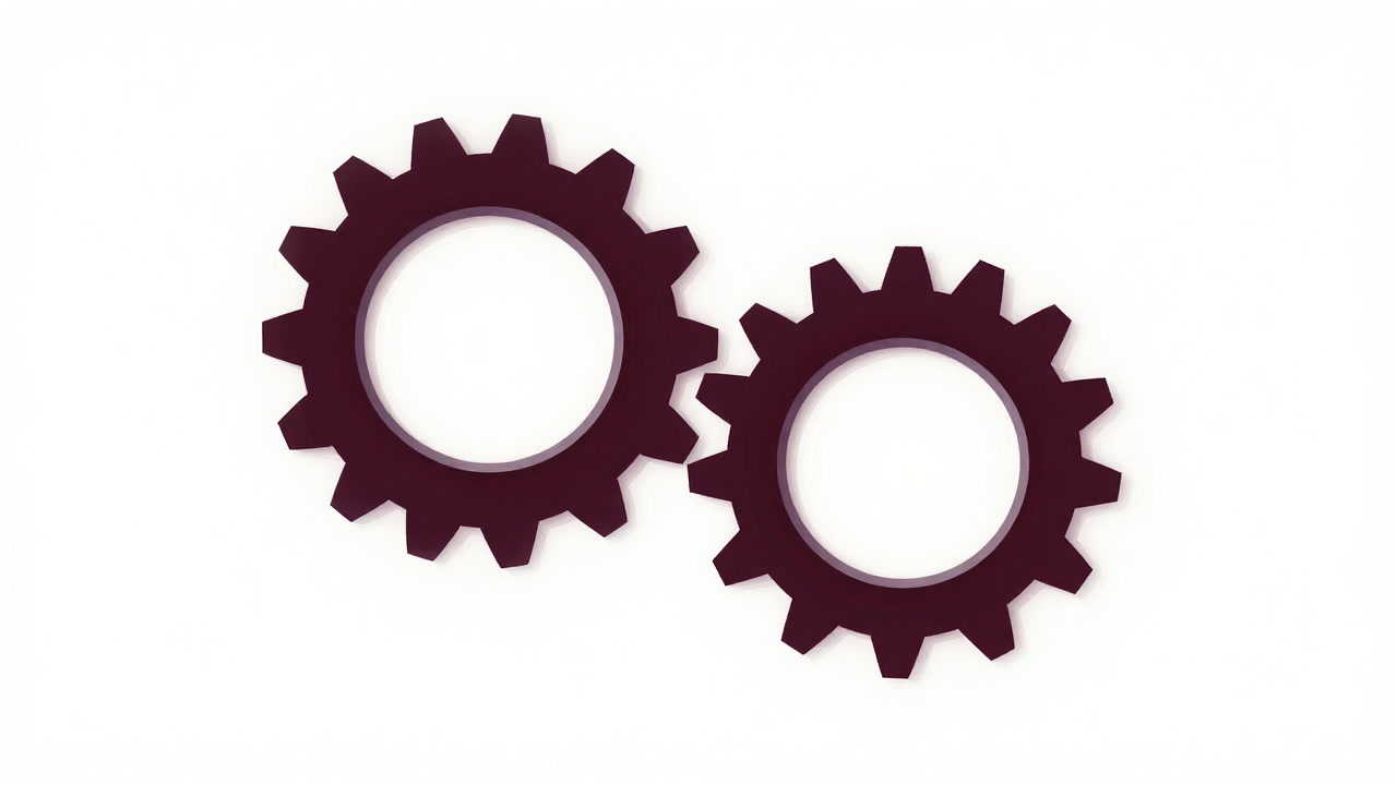 Illustration of two gears interlocking and glowing on a white background