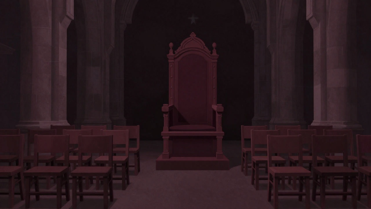 Rows of solemn chairs in an ancient cathedral corridor, with an empty bishop's seat standing ominously in the center.