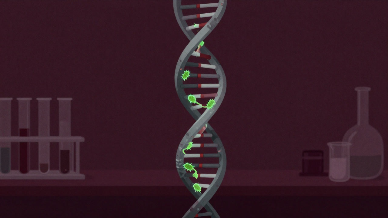 試験管とDNA二本鎖模型が混ざり合い、不気味な緑色の微生物が蠢くイラスト
