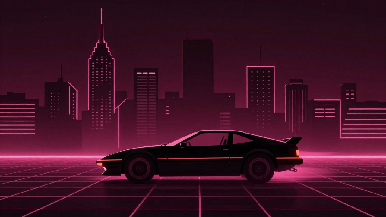 A vintage car silhouette racing over a grid ground against a neon-lit city at night