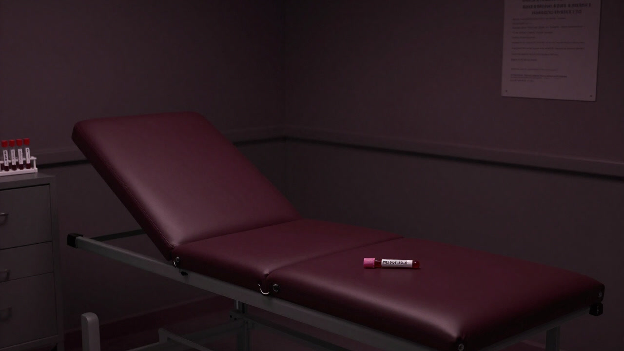 Image of test tubes labeled for blood testing lined up in a dim medical examination room