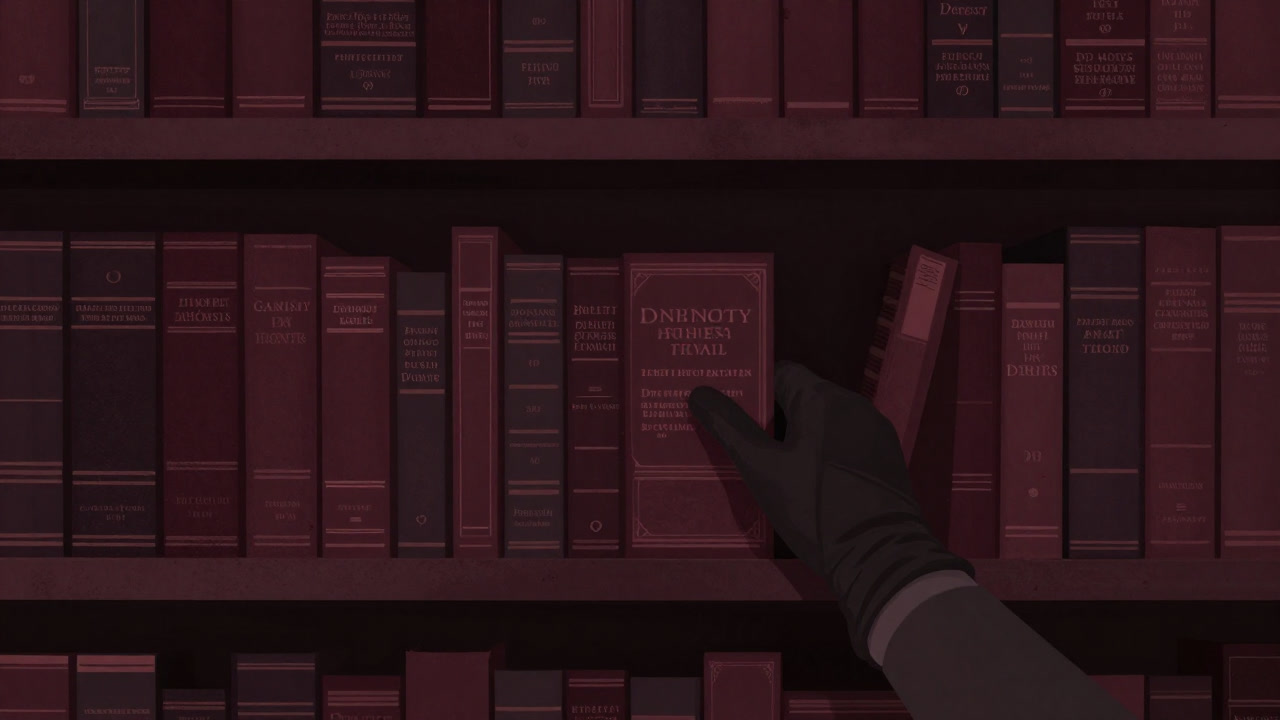 古めかしい書棚の前で、埃まみれの教義書を整理する手袋をはめた手の写真風イラスト