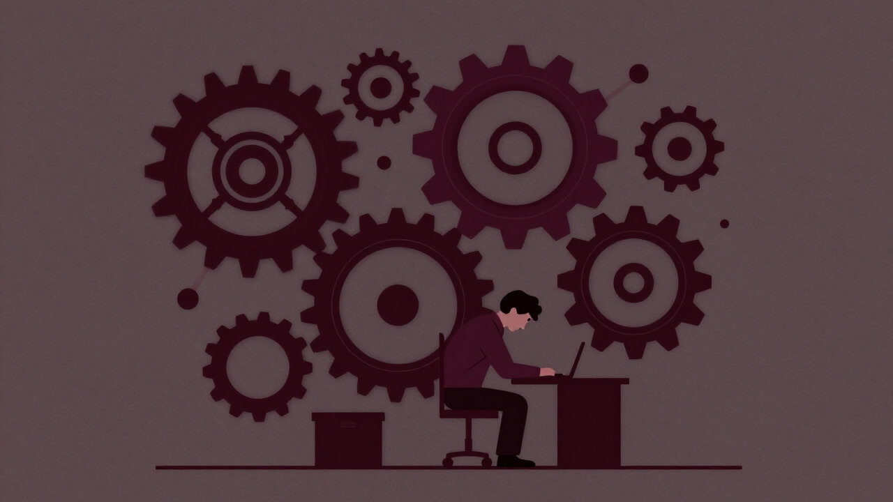 An abstract illustration of interconnected gears, nodes and arrows overwhelming a stressed office worker, in dark satirical style.