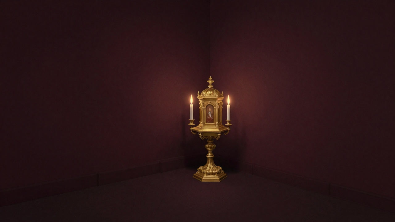 祭壇の隅で静かに輝く金色の小箱、周囲に蝋燭の淡い光が揺れる。