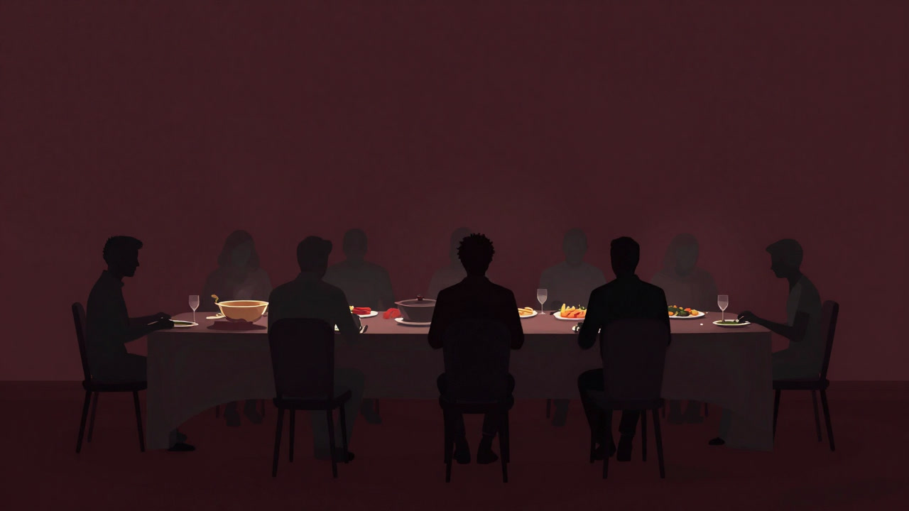 Silhouetted figures sitting silently around plates under warm lighting
