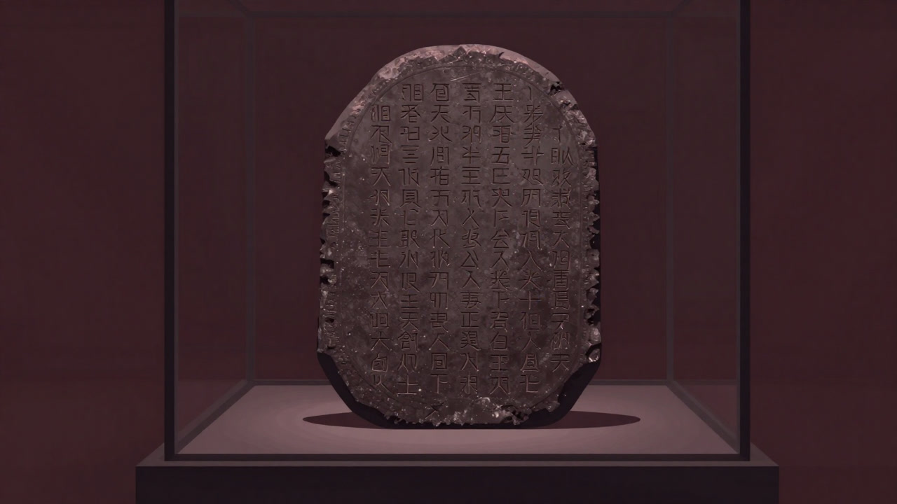 An ancient stone tablet standing impassively in a display case, causing viewers to instinctively shrug their shoulders