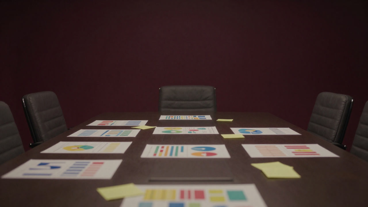 A conference table strewn with colorful charts and sticky notes, hiding a silent mockery