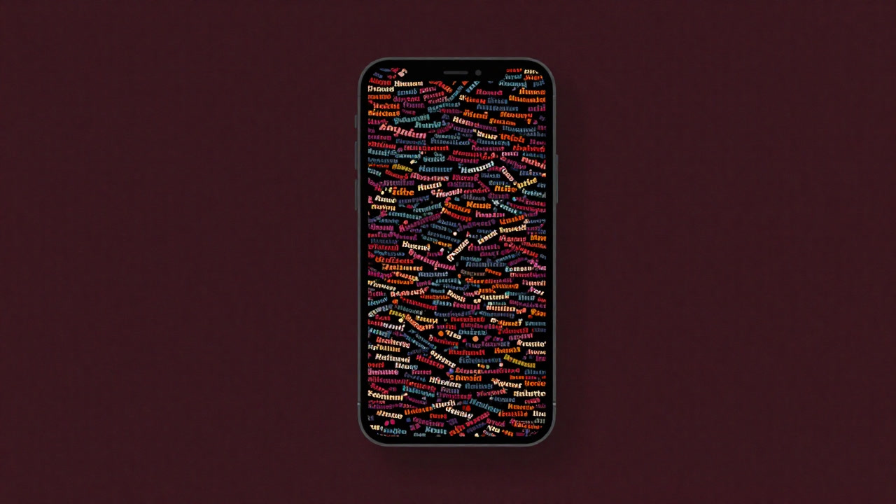 A smartphone screen flooded with countless hashtags flying around