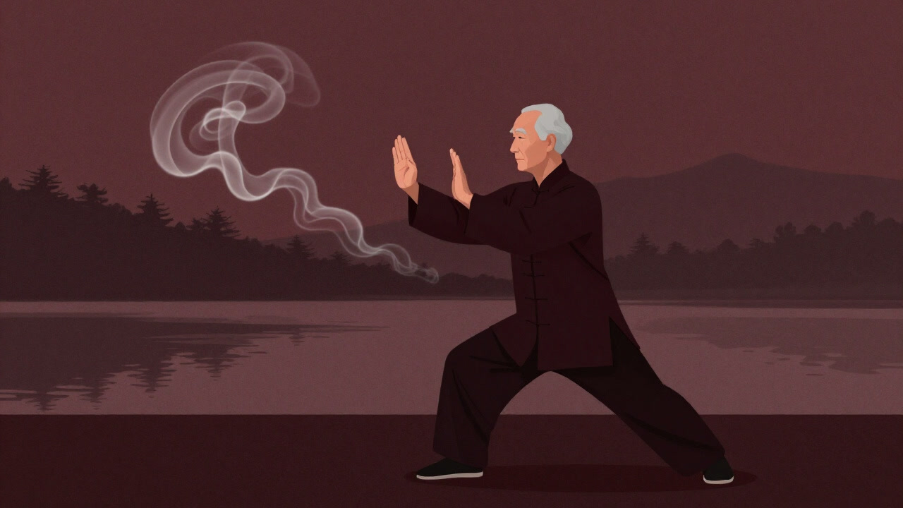 湖畔で幽玄に気を感じ取ろうとする高齢者のシルエット