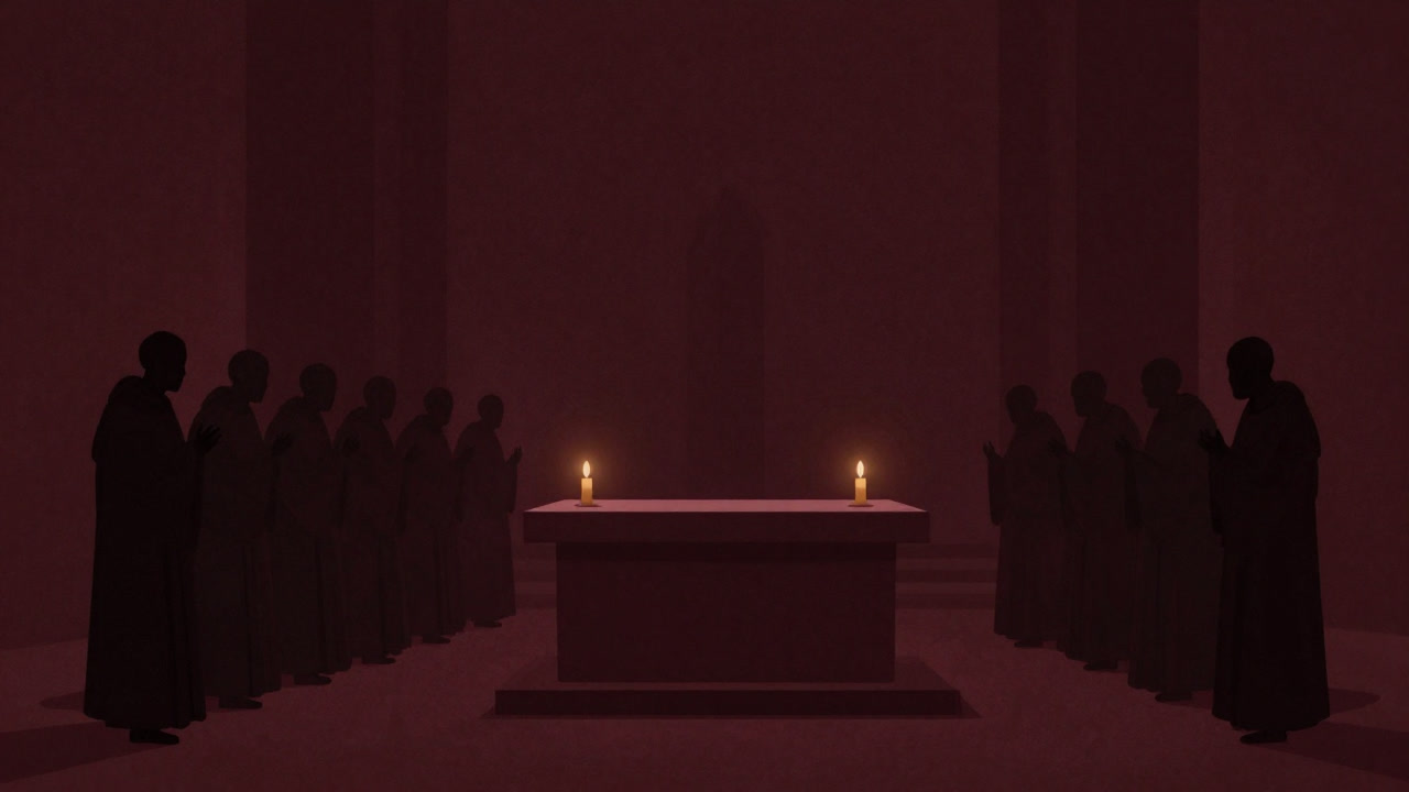 Silhouette of monks in a dark chapel illuminated by candlelight, endlessly repeating a chant melody