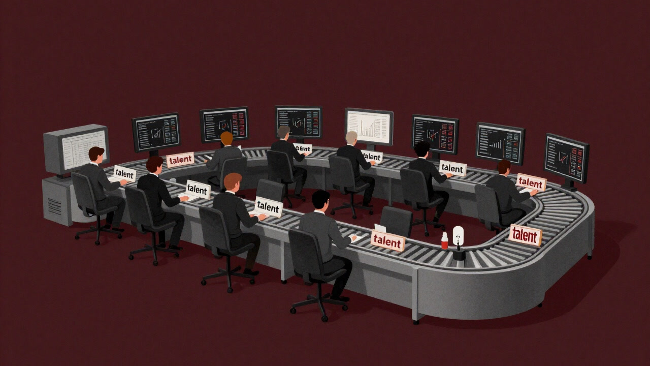 ベルトコンベアで社員を『才能』というラベルごとに仕分けする巨大な人事部のコントロールルーム