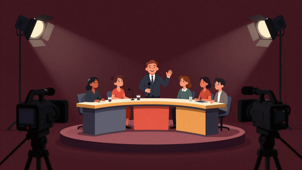 カメラの前で笑顔を作る司会者と戸惑うゲストたちがカラフルなスタジオ照明に照らされたイラスト