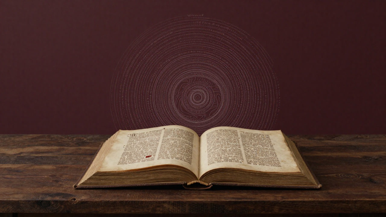 A photo of an ancient book on parchment with countless swirling annotations