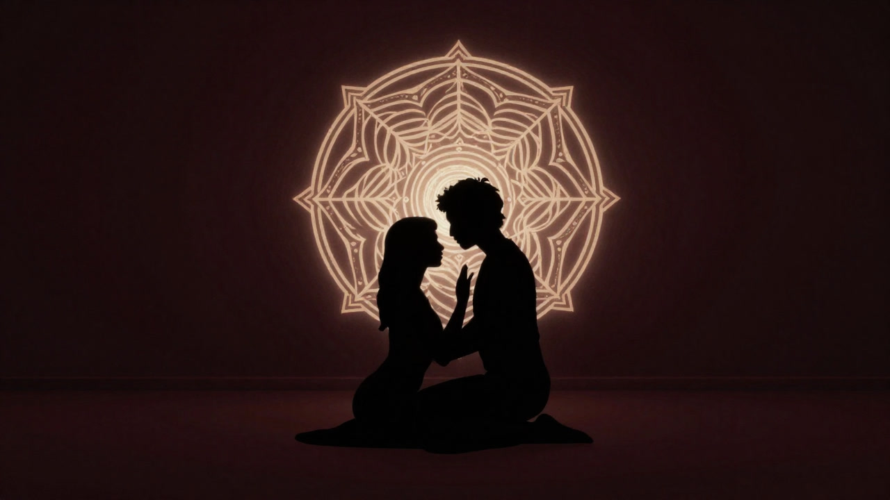 暗闇の中、曼荼羅の前で怪しい儀式に臨む男女のシルエット