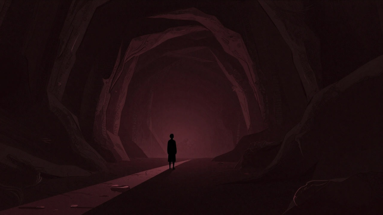 薄明かりの洞窟の中で、足元にほのかに光る小道を見つめる人影
