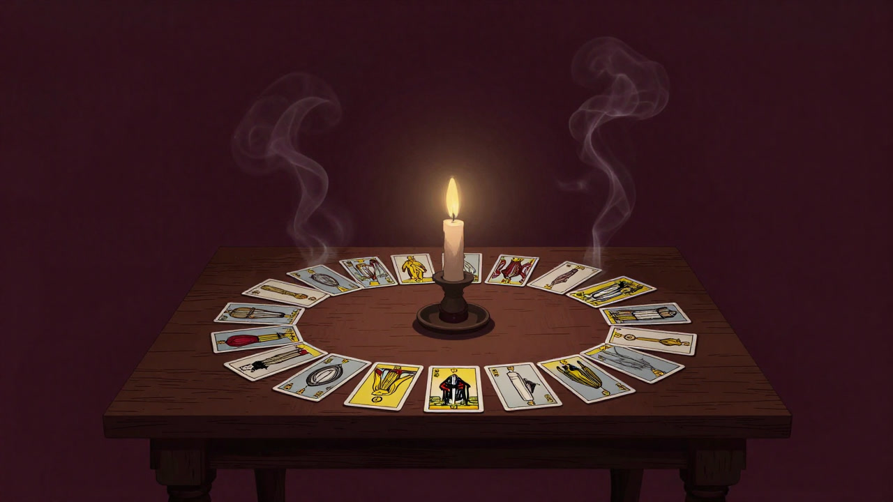 神秘的なテーブルに広げられたタロットカードが蠟燭の灯りに浮かぶ様子