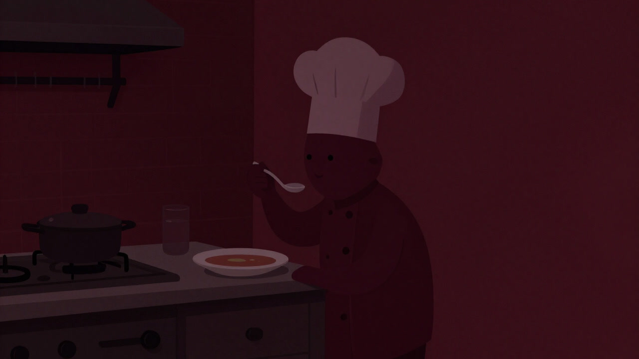 Chef in a corner of a kitchen tasting food with a small spoon, looking displeased