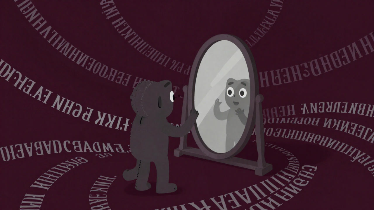 An illustration of a word character staring at itself in a mirror, surrounded by infinite looping text in a swirling background.
