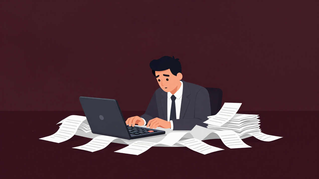 山積みの領収書に埋もれ、疲労困憊しながら電卓を叩く会計士のイラスト