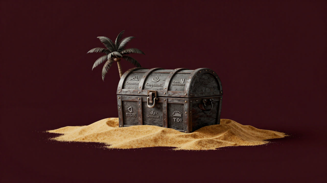 砂に埋まった宝箱のように、企業の金塊が半分見え隠れする孤島のイラスト