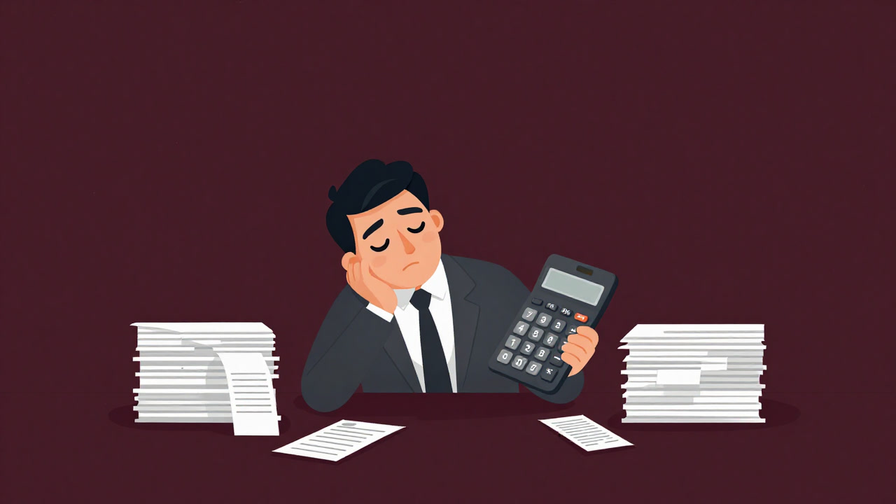 Illustration of an accountant buried under a mountain of stacked documents, clutching a calculator