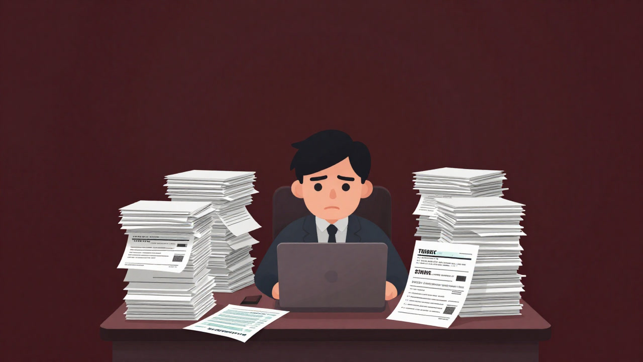 オフィスのデスクに積み重なる複雑な税務書類と困惑した表情の納税者のイラスト