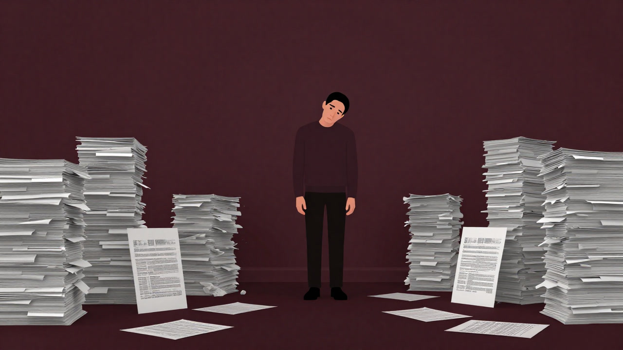 Image of a taxpayer standing bewildered, surrounded by piles of tax forms and receipts