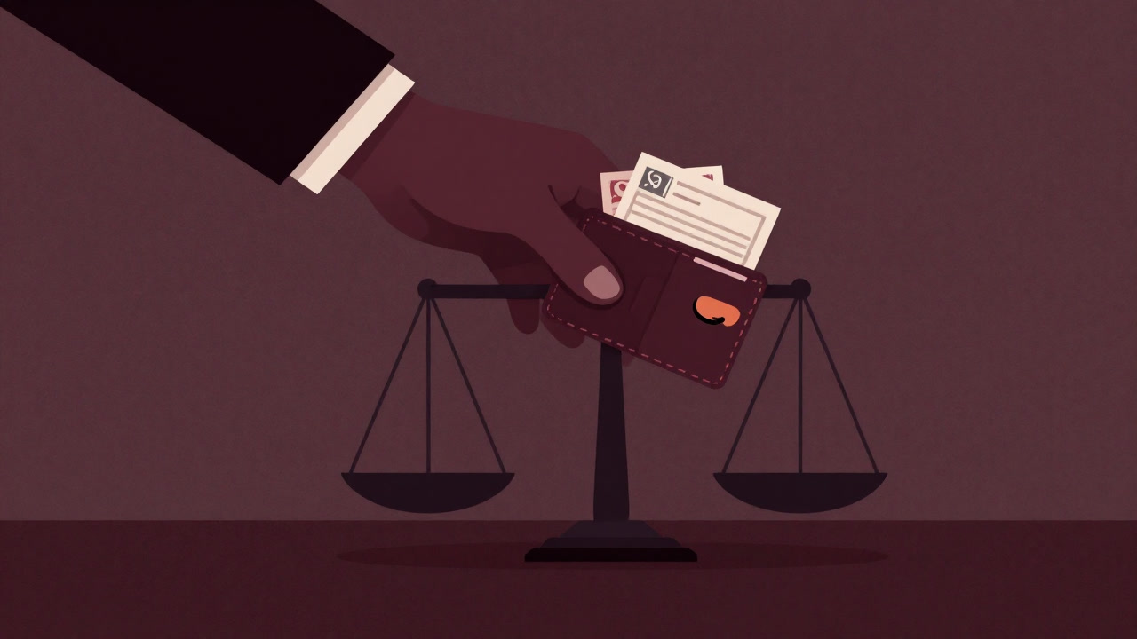 天秤に市民の財布と公共事業の書類を載せ、微笑む国家の手。