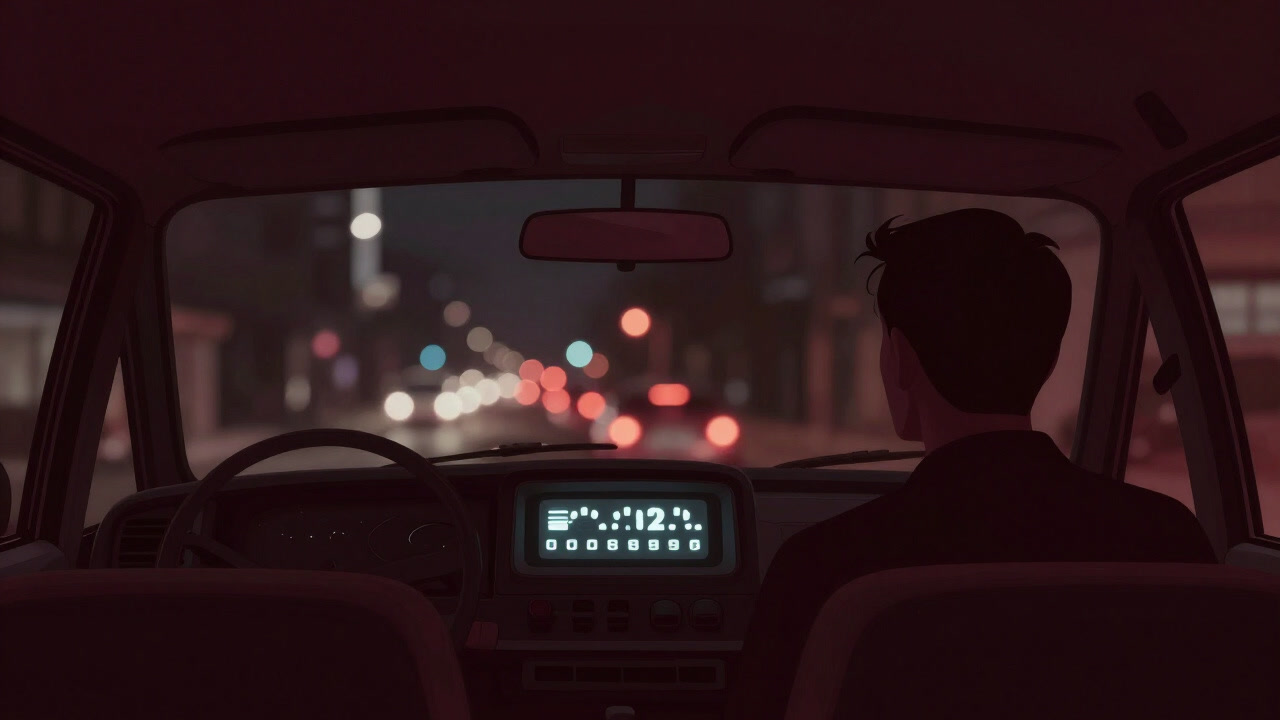 Silhouette of a passenger looking outside from inside a taxi with a glowing meter