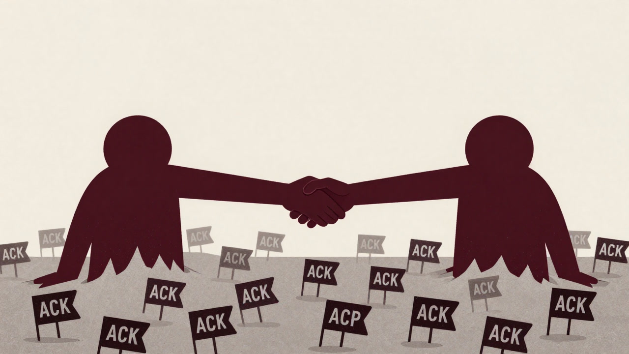 Anthropomorphic illustration of a TCP session endlessly performing handshakes and drowning in a sea of ACK packets.