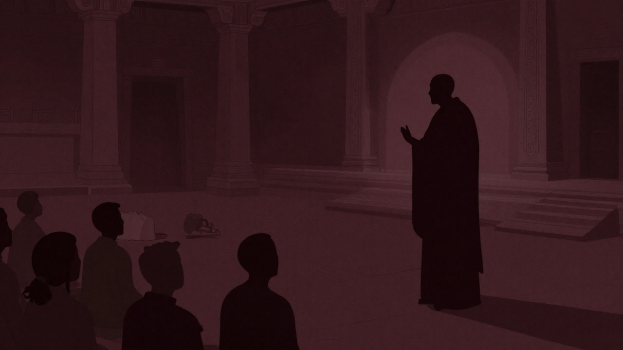 薄暗い寺院の講堂で、高僧風の導師が厳かな表情で教えを説くシルエットの画像