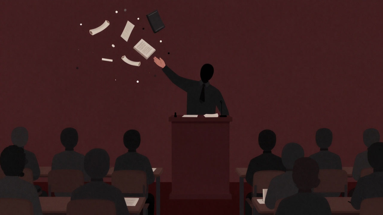 In a classroom, a lecturer speaks one-sidedly while an expressionless audience sits, their thoughts sealed off.