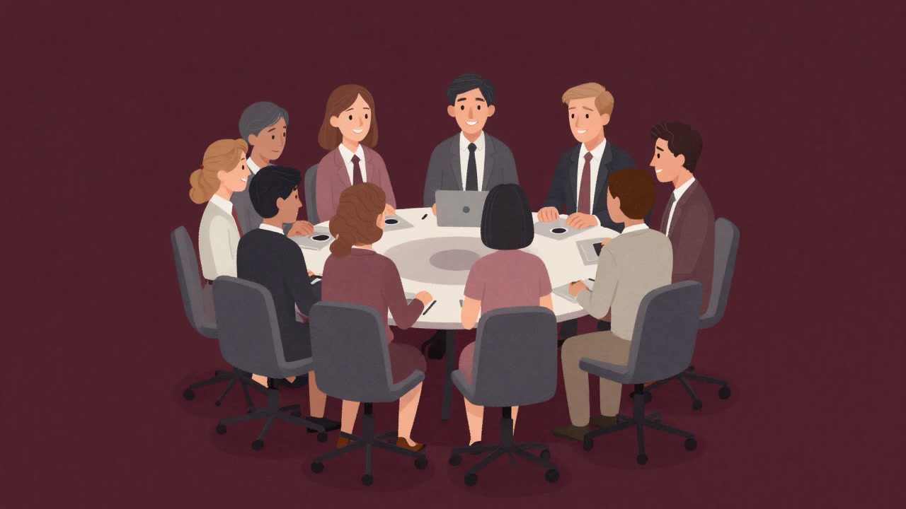 Illustration of employees forced into a huddle, unnaturally smiling and stacking hands