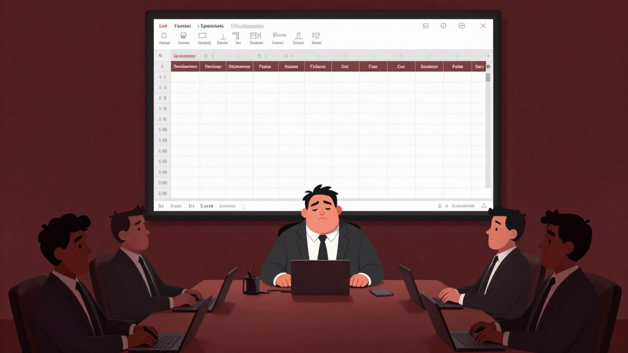 会議室の長テーブルに並び、満身創痍の表情でExcelシートを見つめるマネージャーとチームのイラスト