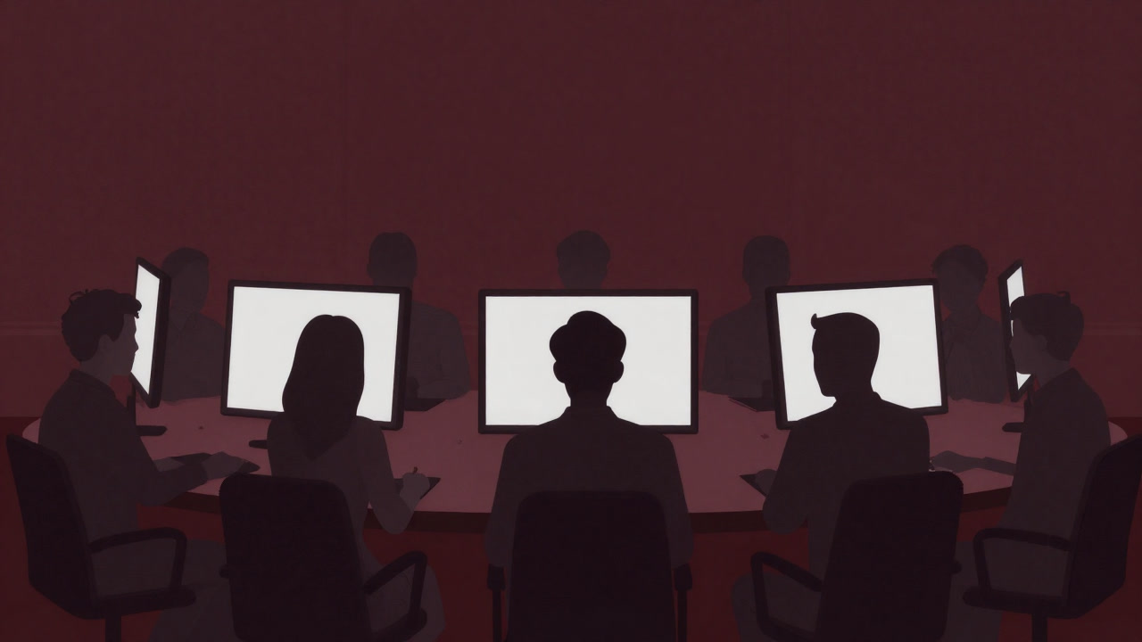 Silhouettes staring blankly at screens in a dark conference room, symbolizing forced unity.