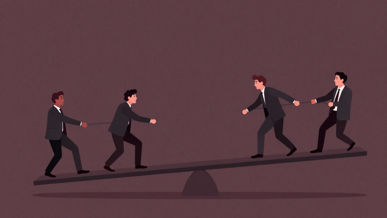 Image of teammates standing on a seesaw-like platform pulling in different directions