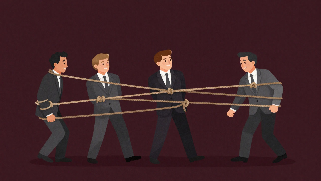 Illustration showing team members smiling while tied with ropes, struggling to untangle them despite appearing cooperative