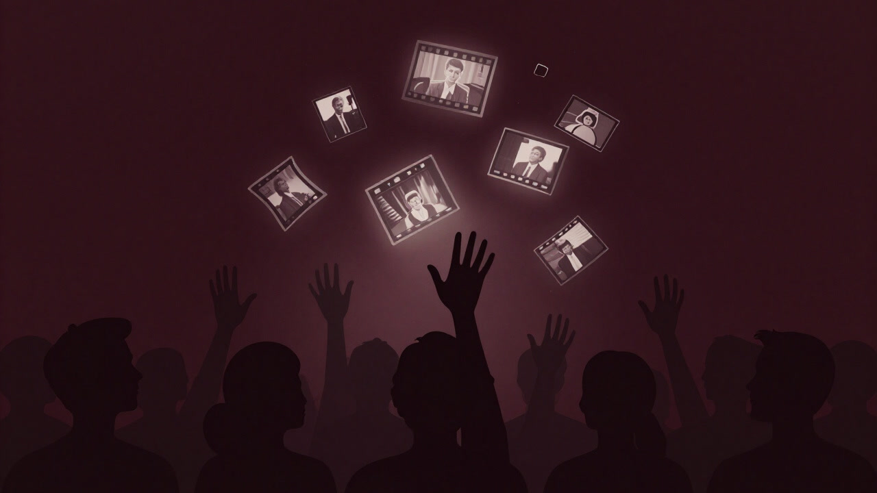 ぼんやりと映像の断片が浮かび上がるシーンを背景に、観客の影が驚きの表情で手を伸ばすイラスト