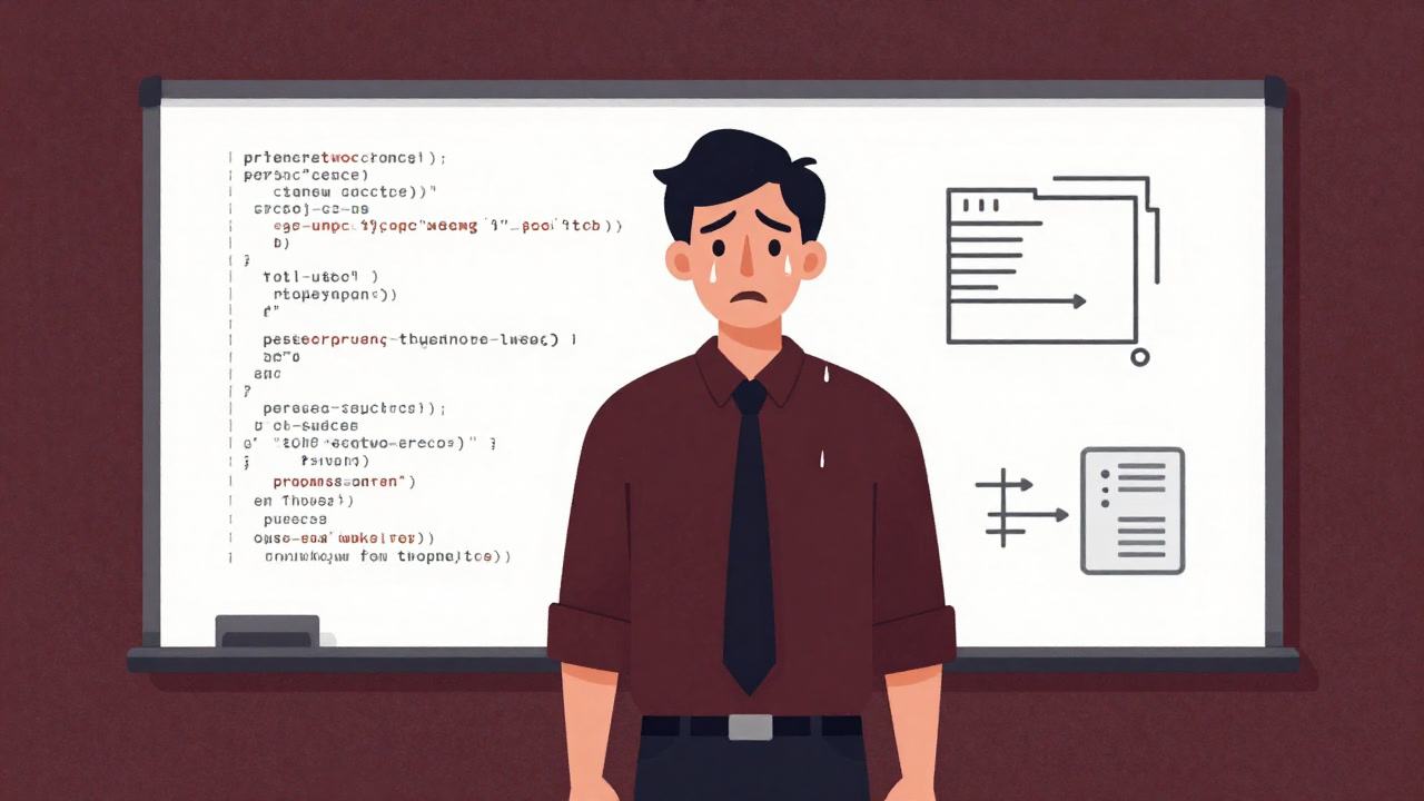 Illustration of an anxious candidate sweating while writing code on a whiteboard during a technical interview